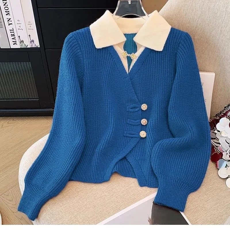 utumn New Design Stitching Fake Two Cardigan Temperament Sweater Knit Top Joker Autumn Winter Comfortable Button Casual Coat