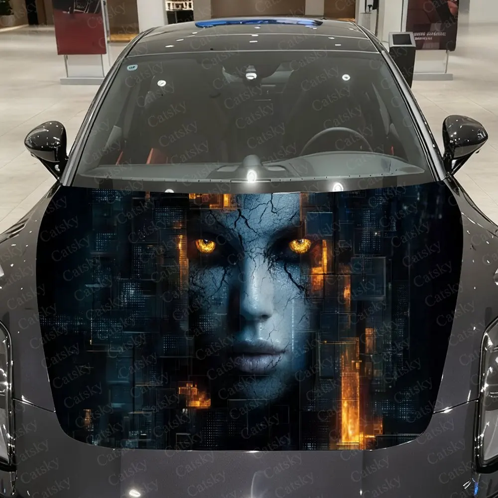 Cyber Cracked Eyes Car Vinyl Wrap, PVC Material Waterproof Car Hood Sticker, Self-Adhesive Scratch-Resistant Stickers for Engine