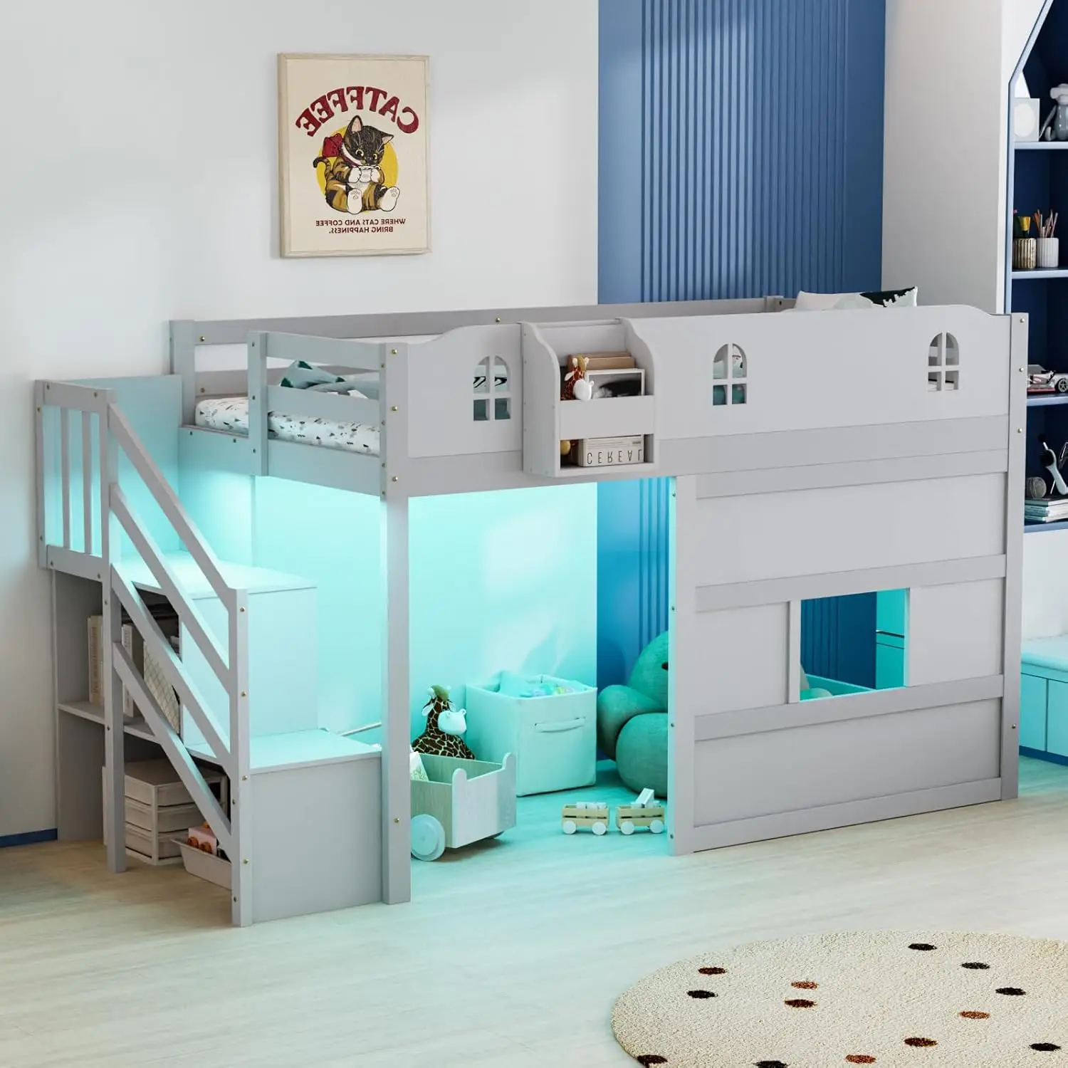 #Gray Loft Bed Twin LED Light Guardrail Window Stair Book Rack App Control No Box Spring, Customized