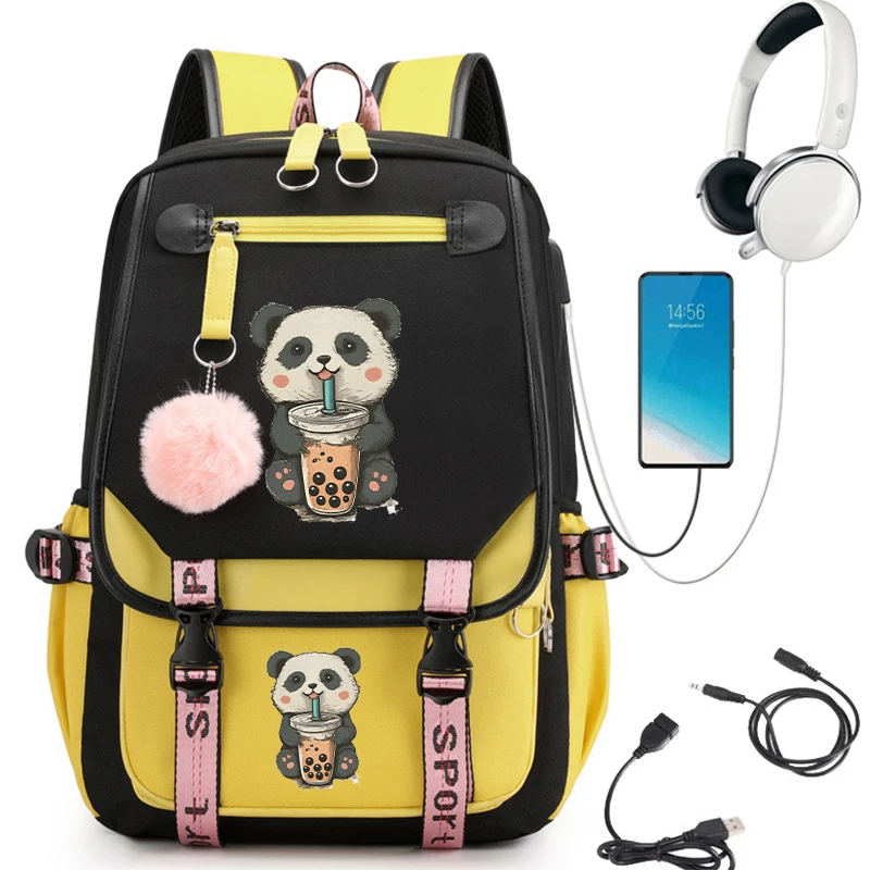 Kawaii School Bag Little Panda Drinking Boba Print School Backpack Students Cartoon School Bag Usb Bookbag Teenager Bagpack