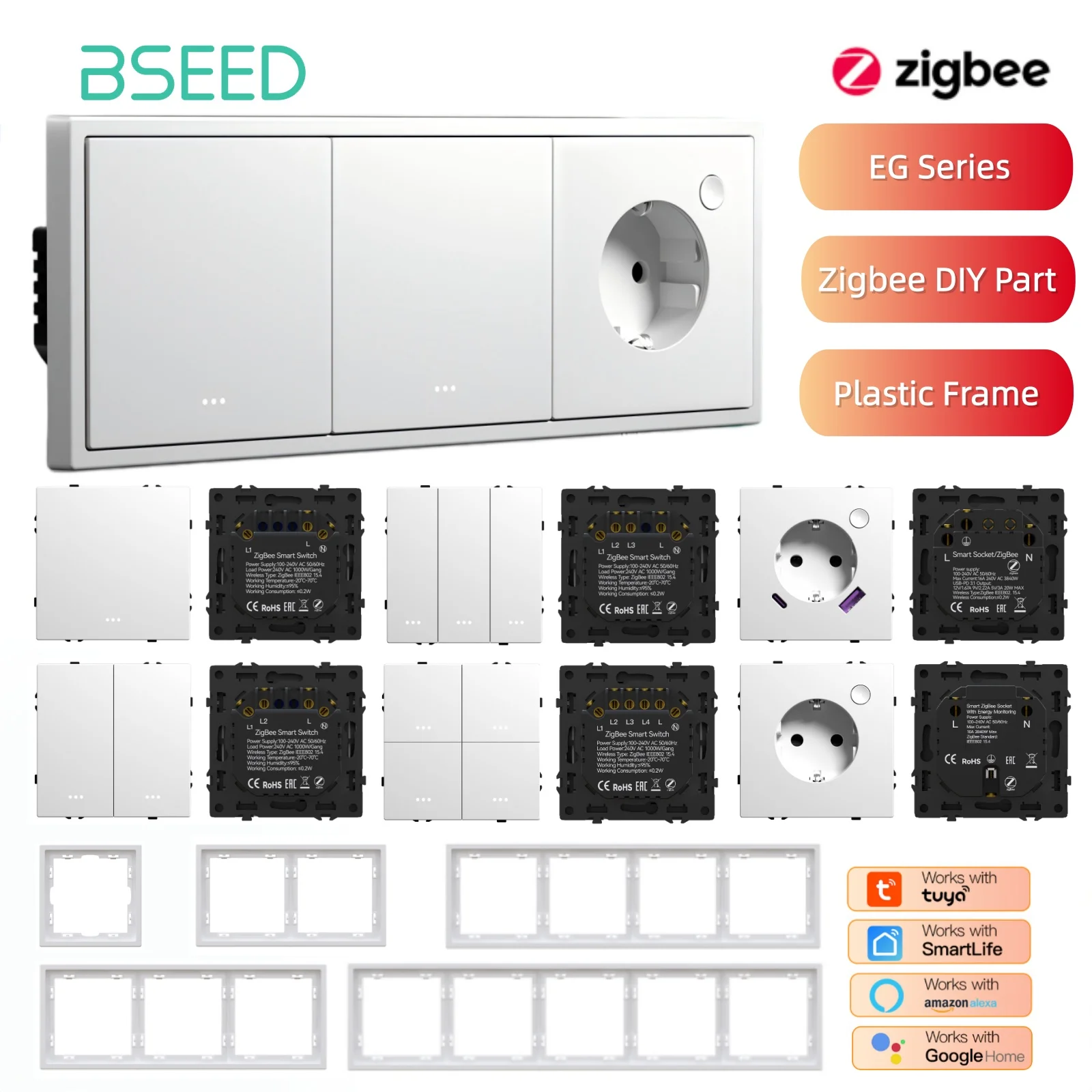 BSEED E-Serie 1/2/3/4-fach Zigbee-Tasten-Lichtschaltermodul Kunststoffrahmen Smart Socket DIY-Teil Tuya Smart Life Steuerung