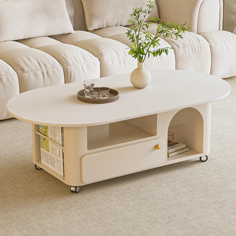 

Cream wind slate movable coffee table Italian minimalist modern simple light luxury household living room with wheels oval cart