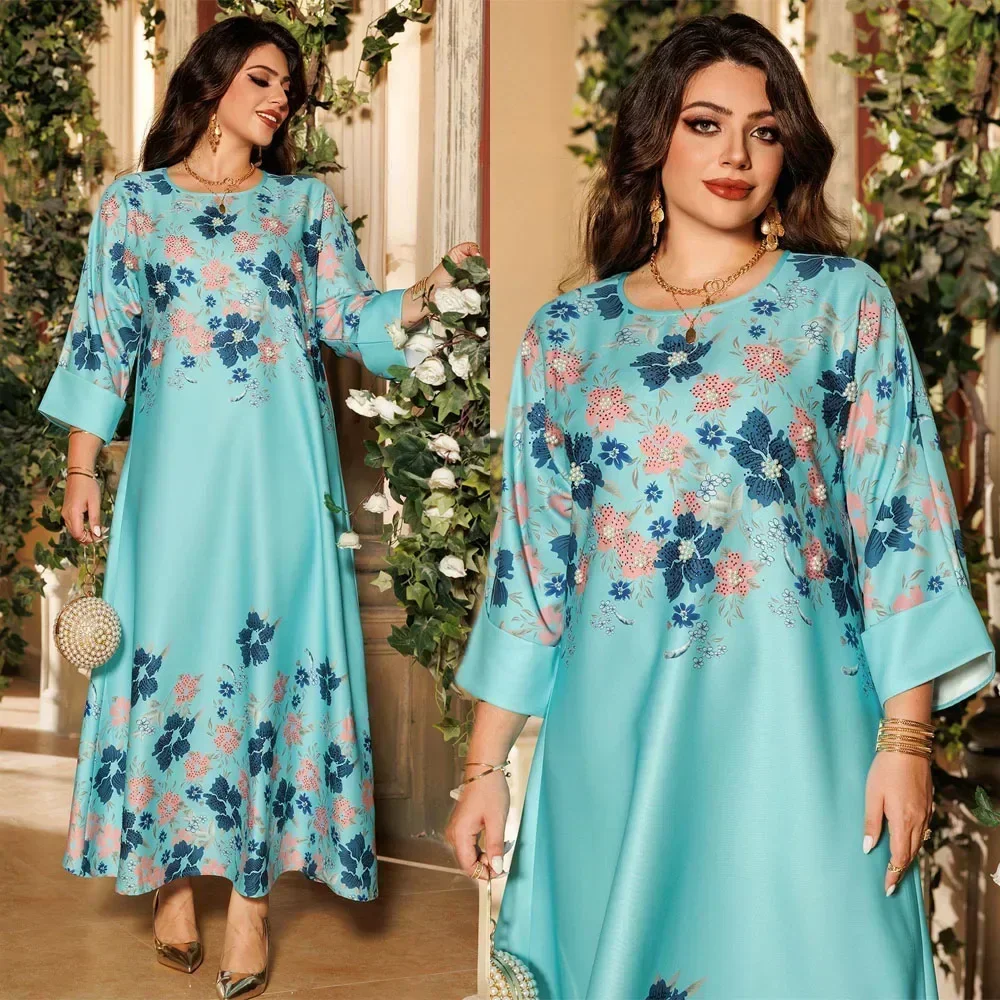 Muslim Abaya Colorful Two-colors Flower Printing Dress Diamonds Pearls Robe Women Loose Jalabiya Round Neck Long Gown Dubai Eid