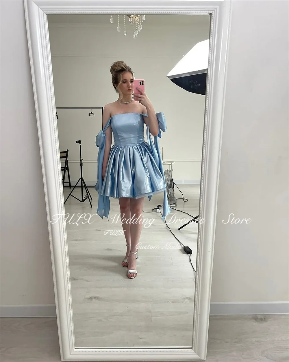 TULX Süßes, reizendes blaues Mini-Kurz-Party-Abschlussballkleid mit Schleifenriemen, Cocktailkleid, glitzernder Satin, über dem Knie, Geburtstagskleider, individuell gestaltet