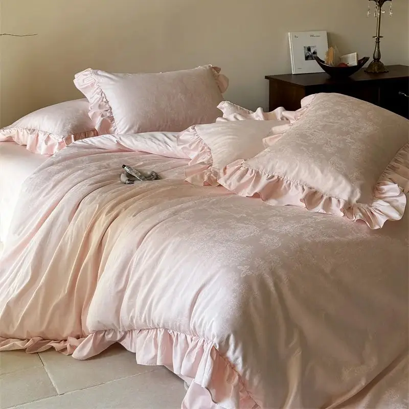 

1000TC Egyptian Cotton Vintage Jacquard French Princess Wedding Ruffles Bedding Set Duvet Cover Flat/Fitted Bed Sheet Pillowcase