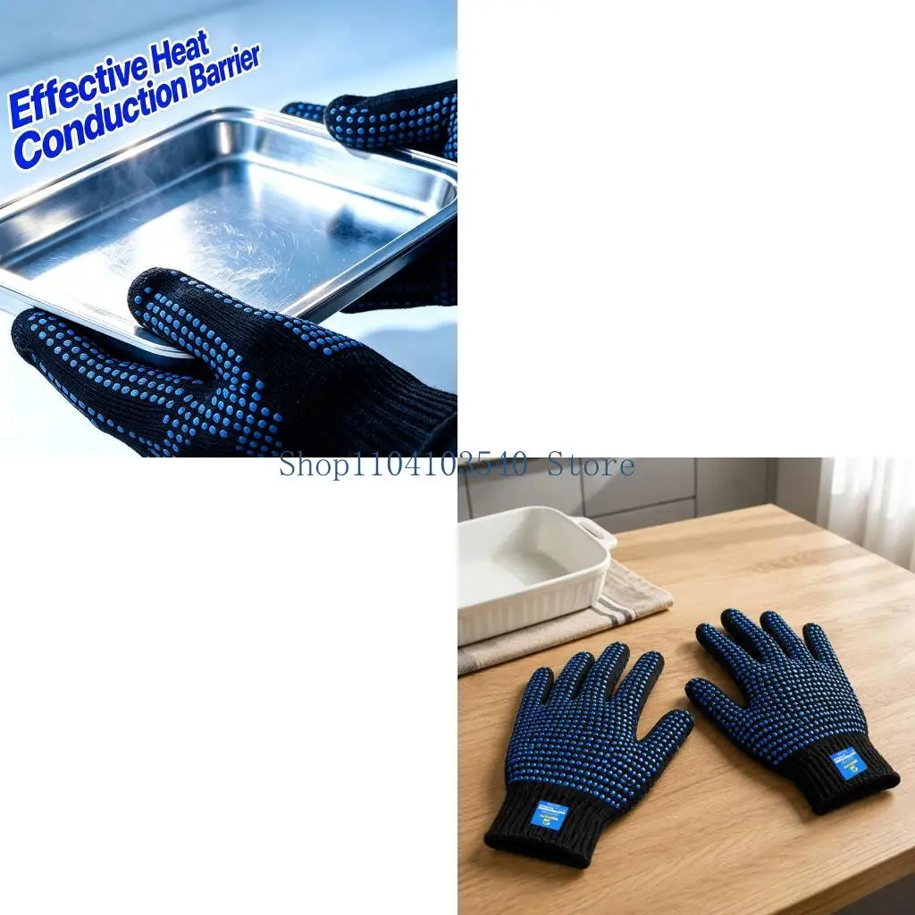 02DC 1 Pair Black and Blue Full Finger Rubber Gloves with Blue Dotted Hand Detail for Cooking, Baking, Barbecue, Cookware