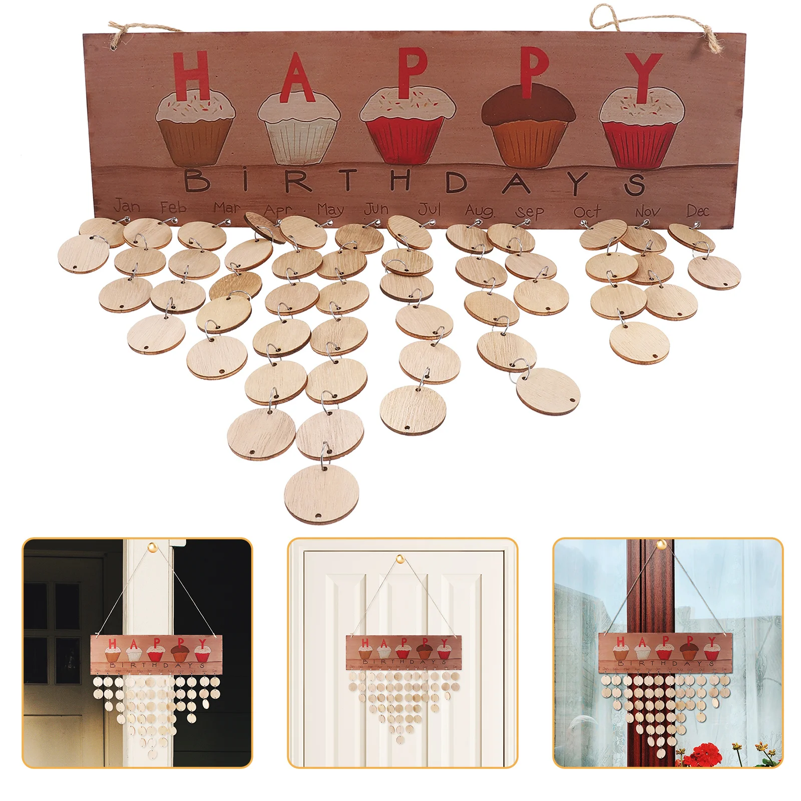 

50pcs Birthday Hanging Board Colorful Printed Letters Diy Wooden Calendar For Home Wall Decoration Gift 50 Round Slices Rope