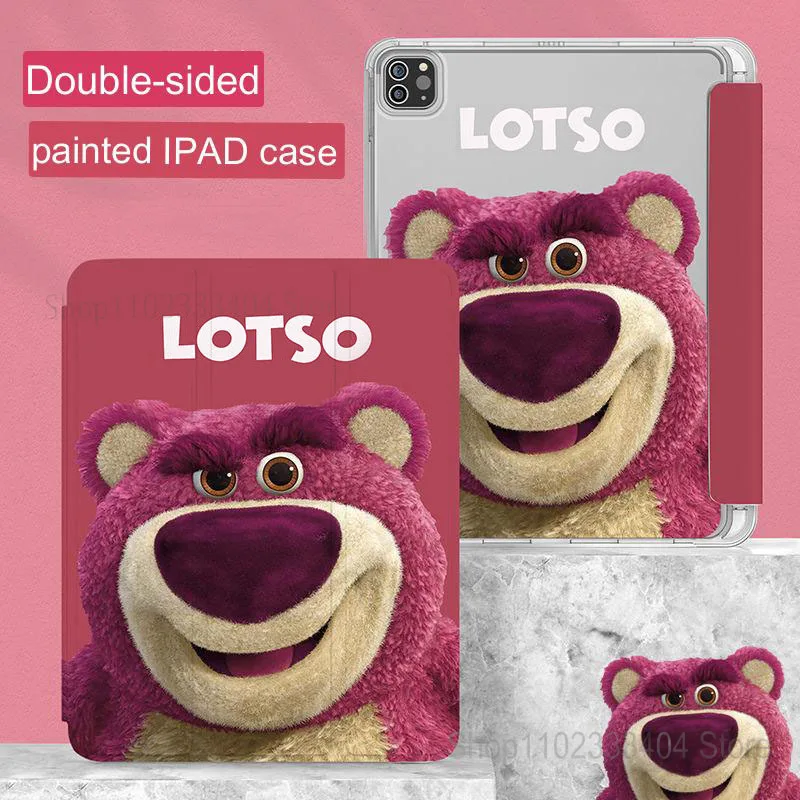 Disney Toy Story Lotso Tablet Case for iPad Air 1 2 3 Mini 4 5 iPad Pro 2022 12.9in Three-fold Pen Slot Airbag Protective Cover