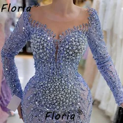 Elegant Sheer Neckline Blue Mermaid Party Dress 2024 Blue Pearls Sequins Dubai Long Sleeve Formal Occasion Gown Evening Dresses