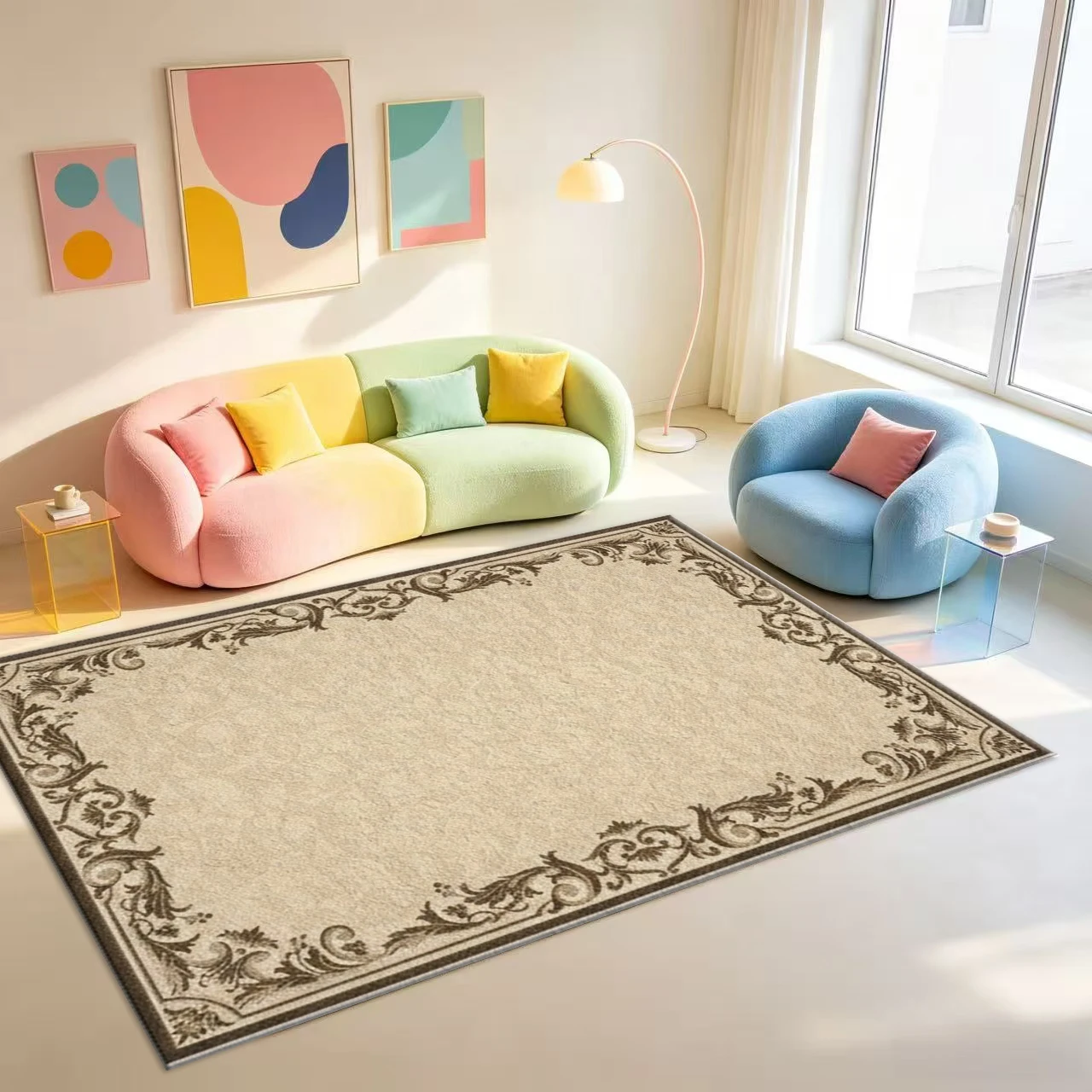Elegant European Border Area Rug Cream Washable Indoor Floor Mat For Living Room Bedroom Home Decoration