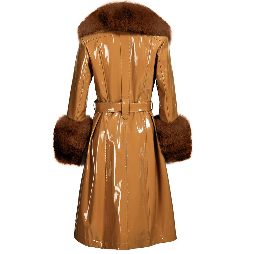 Denny& Dora Brown Long Women Real Fox Fur Collar Genuine Leather Coat Trench Plus Size Coat