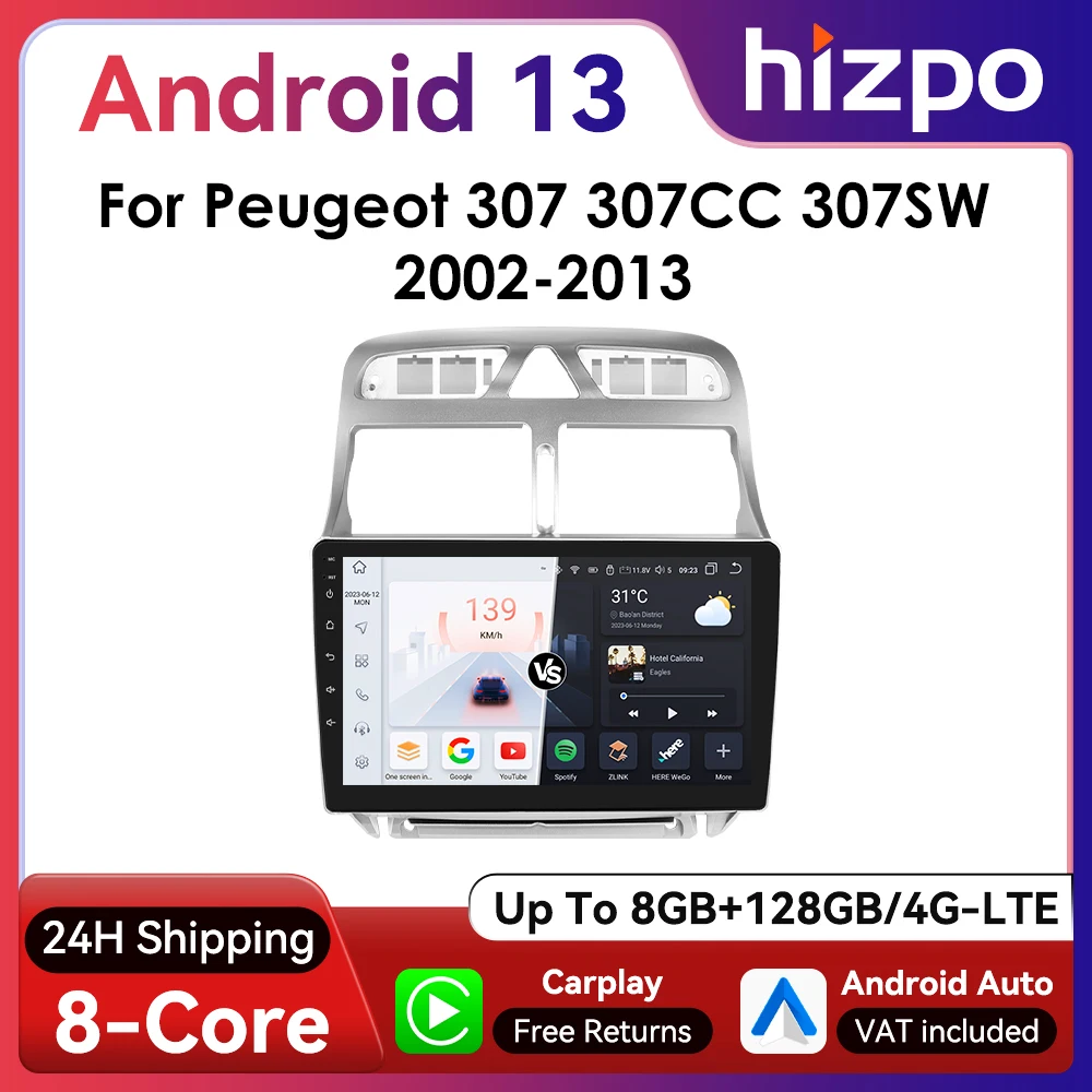 Hizpo 2Din 9inch CarPlay Android Auto Car Radio for Peugeot 307 307CC 307SW 2002 - 2013 Multimedia Navigation GPS RDS DSP 4G BT