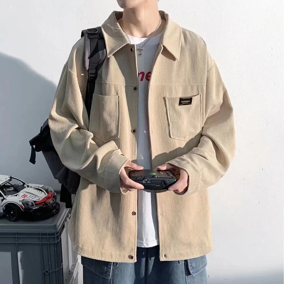 

Vintage Corduroy Jacket Top Mens Loose Long Sleeve Shirts Spring Autumn Casual Shirt for Men Streetwear Blouses Khaki Black Gray