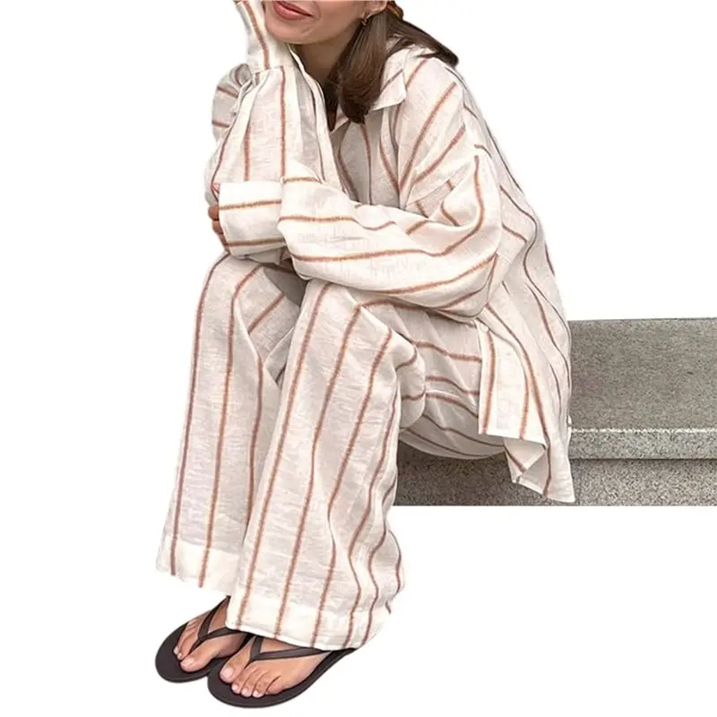 TEXU Women Striped 2 Piece Outfits Button Down Shirts And Pants Lounge Matching Sets White S
