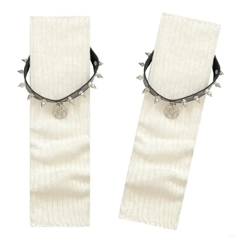 

L5YC Motorcycle Punk Leg Warmers Boot Toppers with Star Rivets Leather Belt Ribbed Knitted Leg Covers Socks for Women Girls