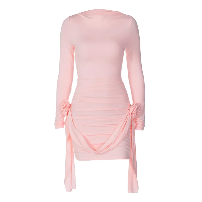 2026年春 レディース 長袖 Oネック スリムフィット セクシー プロム イブニングドレス ファッション 秋 エレガント 花柄 バンテージ ミニドレス