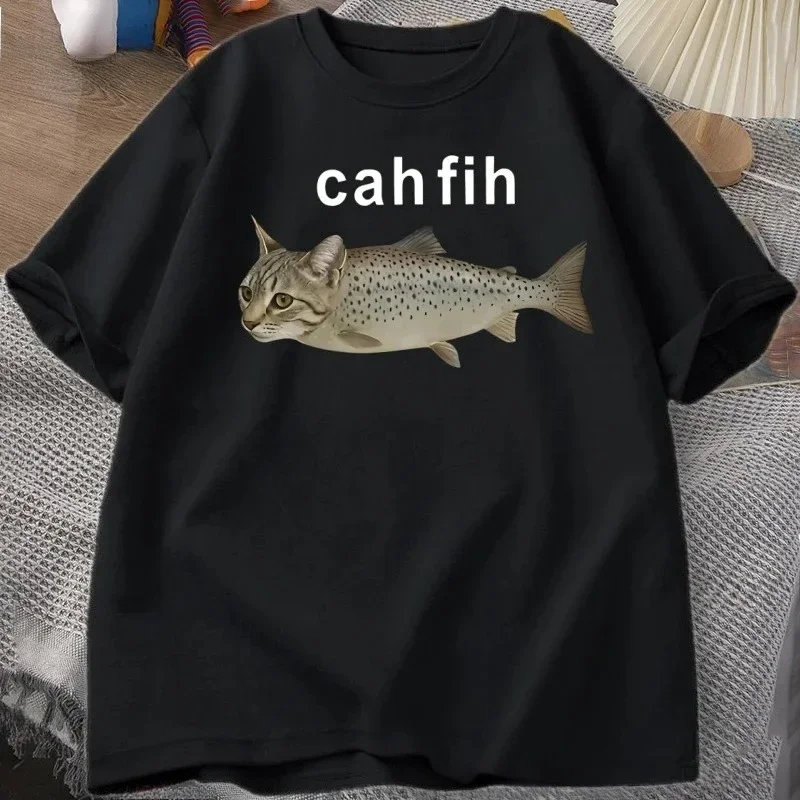 

Футболка Cah Fih Fih Funny Mispelled Fish Meme Футболка с рисунком кота и рыбы Юмор Футболка Повседневная одежда с короткими рукавами Графика Y2K