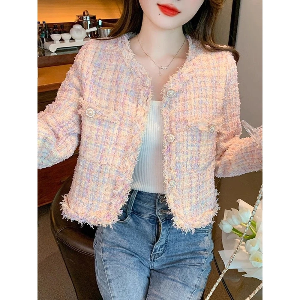 Nueva ropa de abrigo holgada y deshilachada de lujo, abrigo ort versátil para mujer, temporada de primavera, tela de Tweed