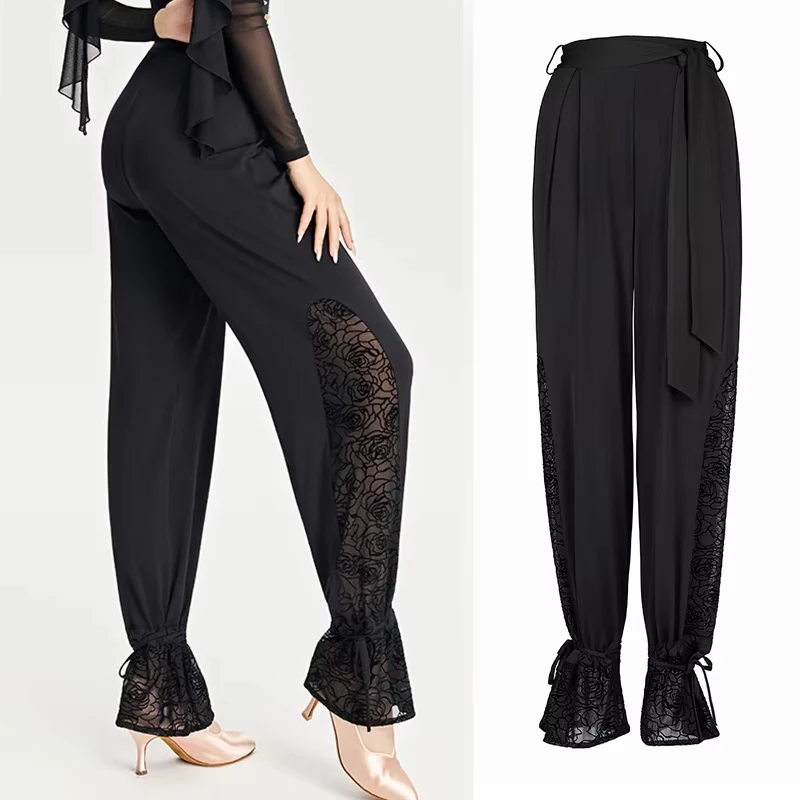 

Брюки для тренировок по бальным танцам, женские черные кружевные брюки для танцев, стандартный современный костюм для взрослых, танго, одежда для латинских танцев, VDL4872