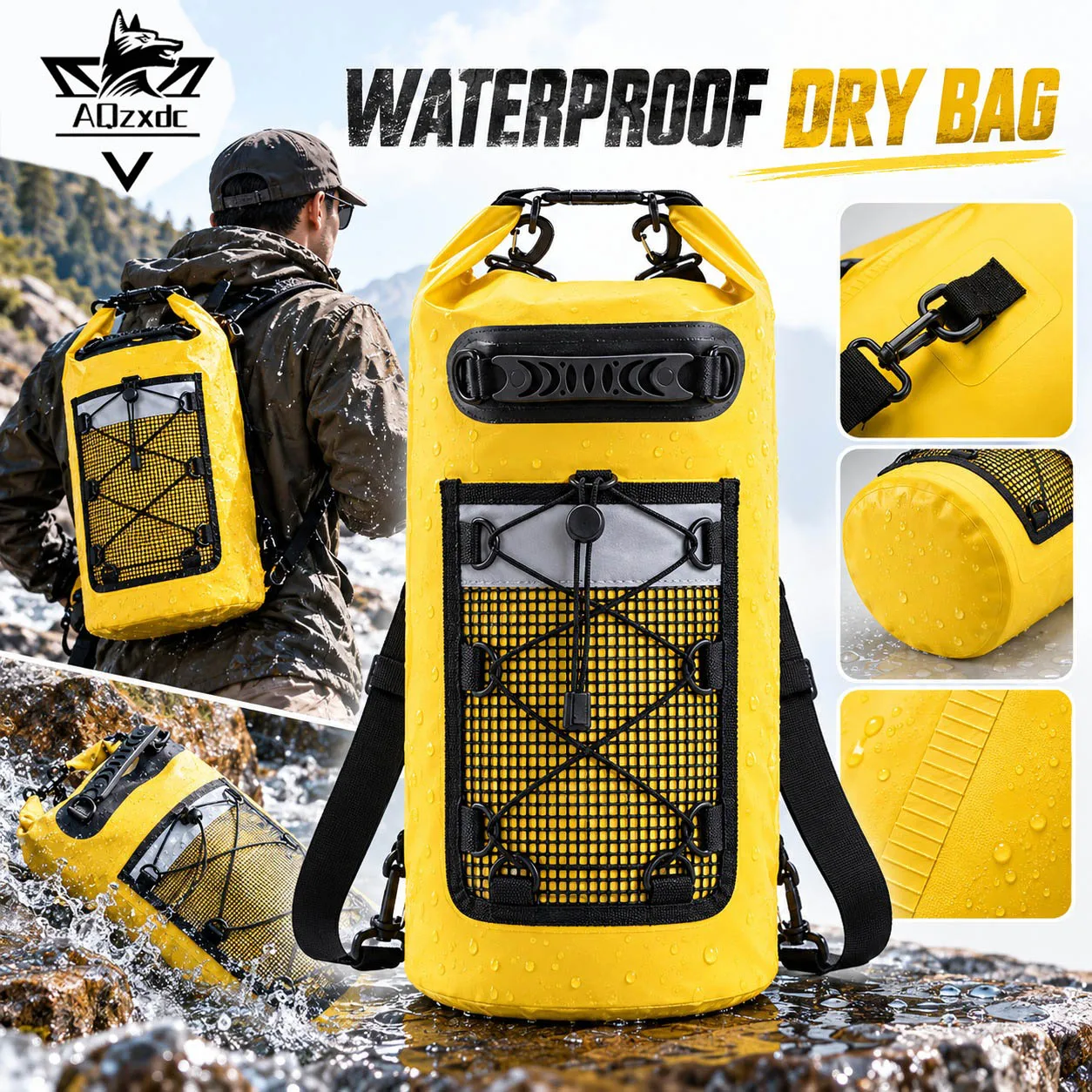 Floating Waterproof Dry Bag Roll Top Backpack with Mesh Design for Kayaking Rafting Boating Swimming Beach Water Sports Travel