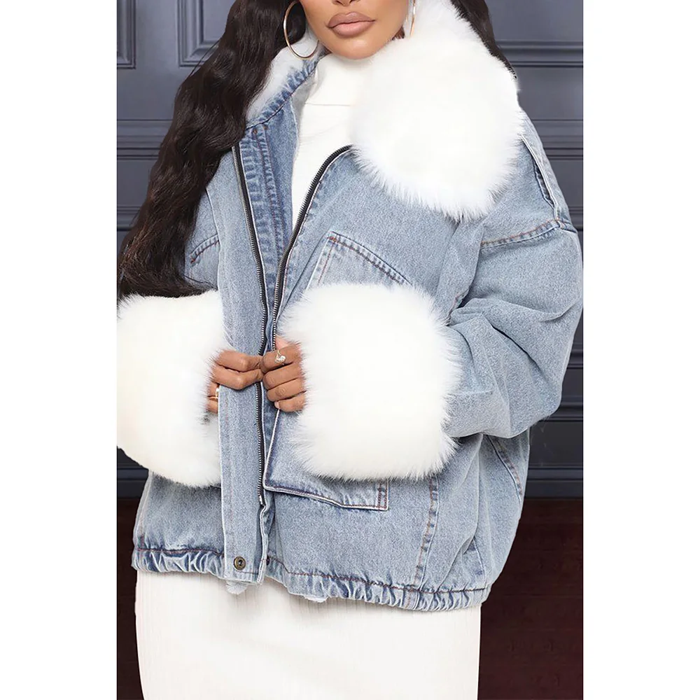 Plus Size Women\'s Plus Velvet Coat Light Blue Denim Long Sleeve Fur Warm Winter Zipper Casual Coat