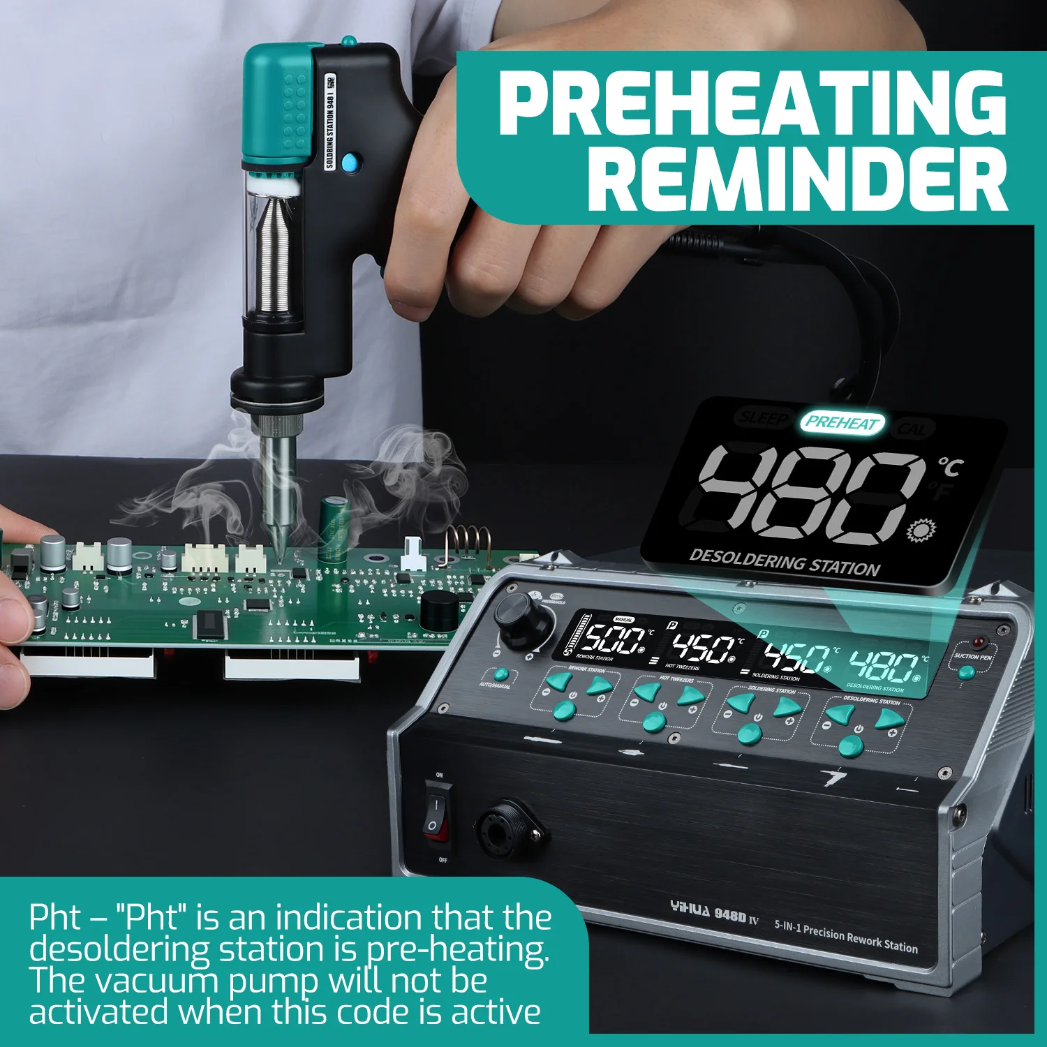 

YIHUA 948D-IV 1410W 5-in-1 Soldering Station with Hot Air Gun, C210 C245 Iron, Desoldering Gun, Tweezers for PCB Repair