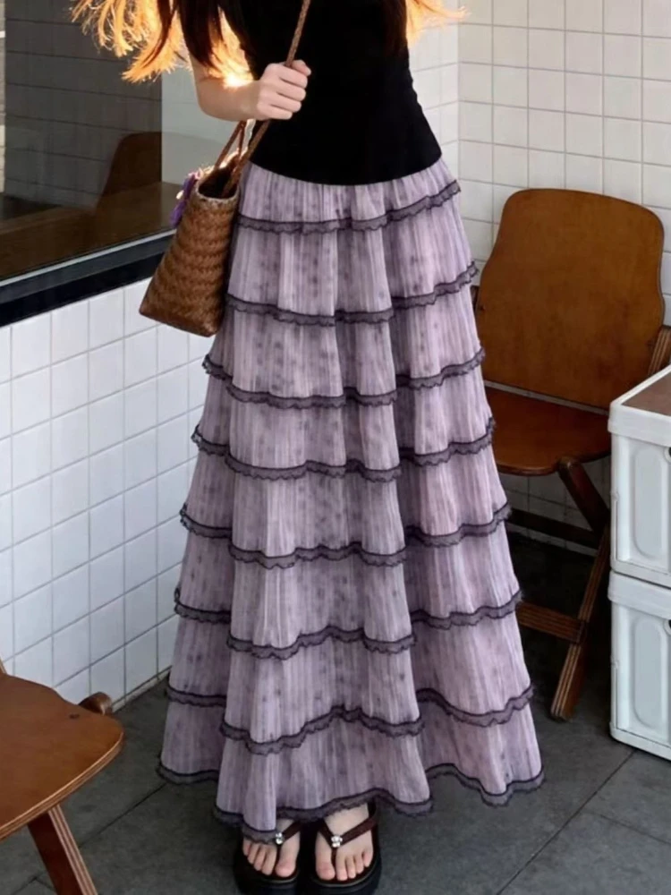 French Sweet Sexy Lace Design Long Skirt Women Chic Elegant Y2k Vintage Midi Skirt Harajuku Purple Lovely Korean Popular Clothes