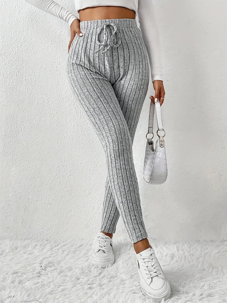 Autumn Warm Drawstring Striped Solid Color Women Leggings Elastic Slim Sports Stretchy Legging Woman High Waist Comfortable Pant