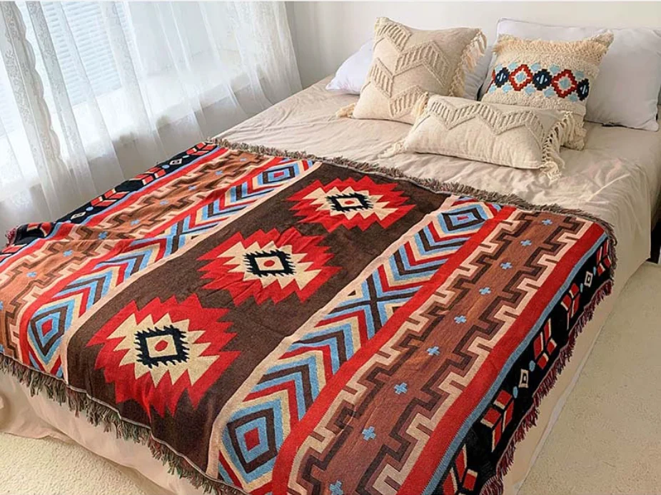 Boho Navajo Geometric Woven Throw Blanket with Fringe Vintage Aztec Ethnic Tapestry Sofa Cover Bed Decor Camping Picnic Blanket