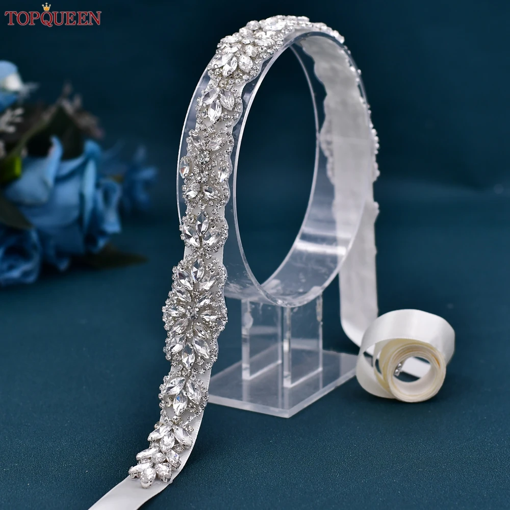 TOPQUEE-Cinturón de lujo para novia, cinturón de satén de lujo con diamantes de imitación, accesorios de boda, cinturón brillante S75