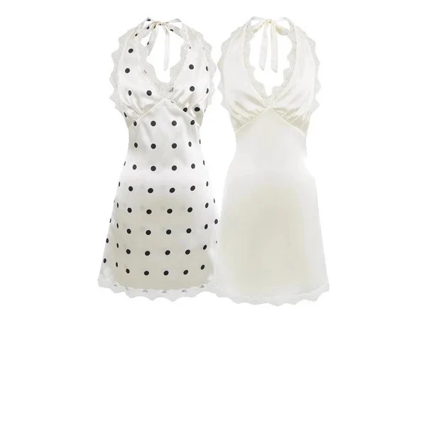 Vestido F E de Moda Primavera ZBZR com Estampa de Poá e Detalhes em Renda, Decote em V, Saia A-Line de Cintura ...