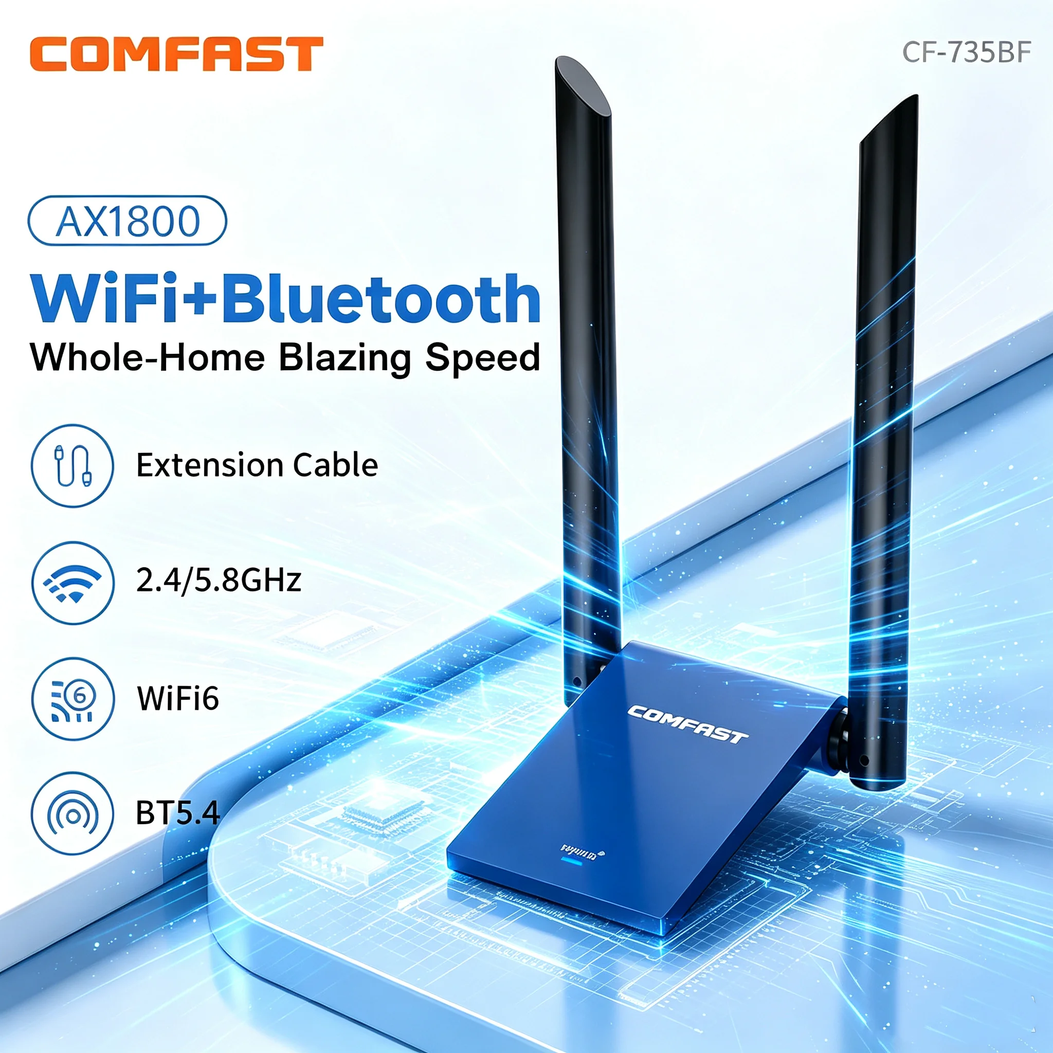 COMFAST CF-735BF AX1800 WiFi6 BT5.4 USB3.0 Wireless Adapter Dual Band 2.4G+5.8G WiFi Receiver AP Transmitter for Desktop Laptop