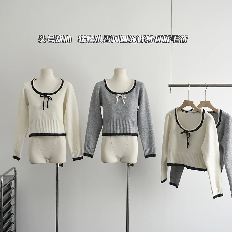 

Women's Vintage Pullover Round Neck Knit Sweater Autumn Winter Vintage Slim Long Sleeve Tops Soft Glutinous Short Sweater