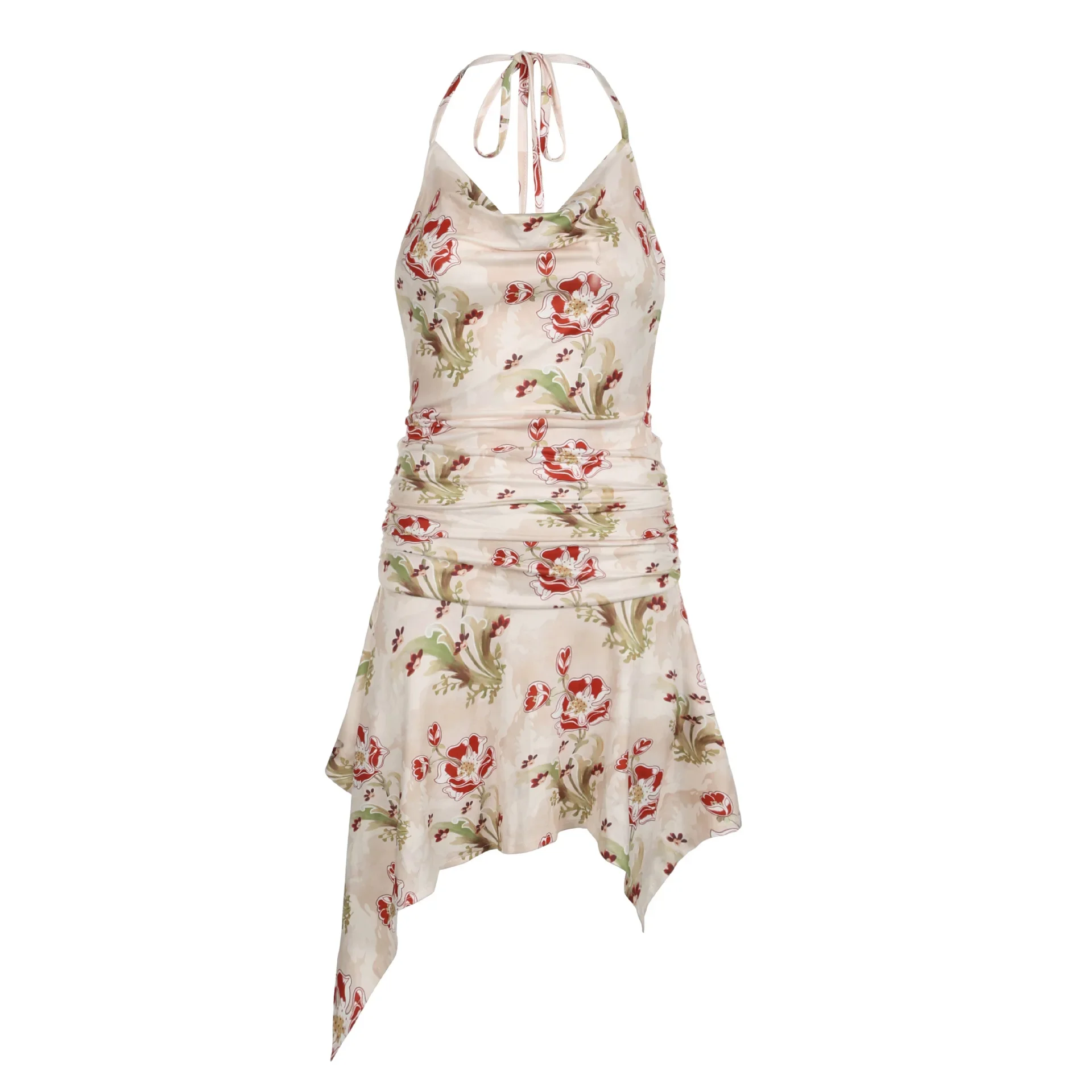 Estilo de férias sexy tempero grande halter bainha irregular casual plissado renda vestido floral 2024 novo