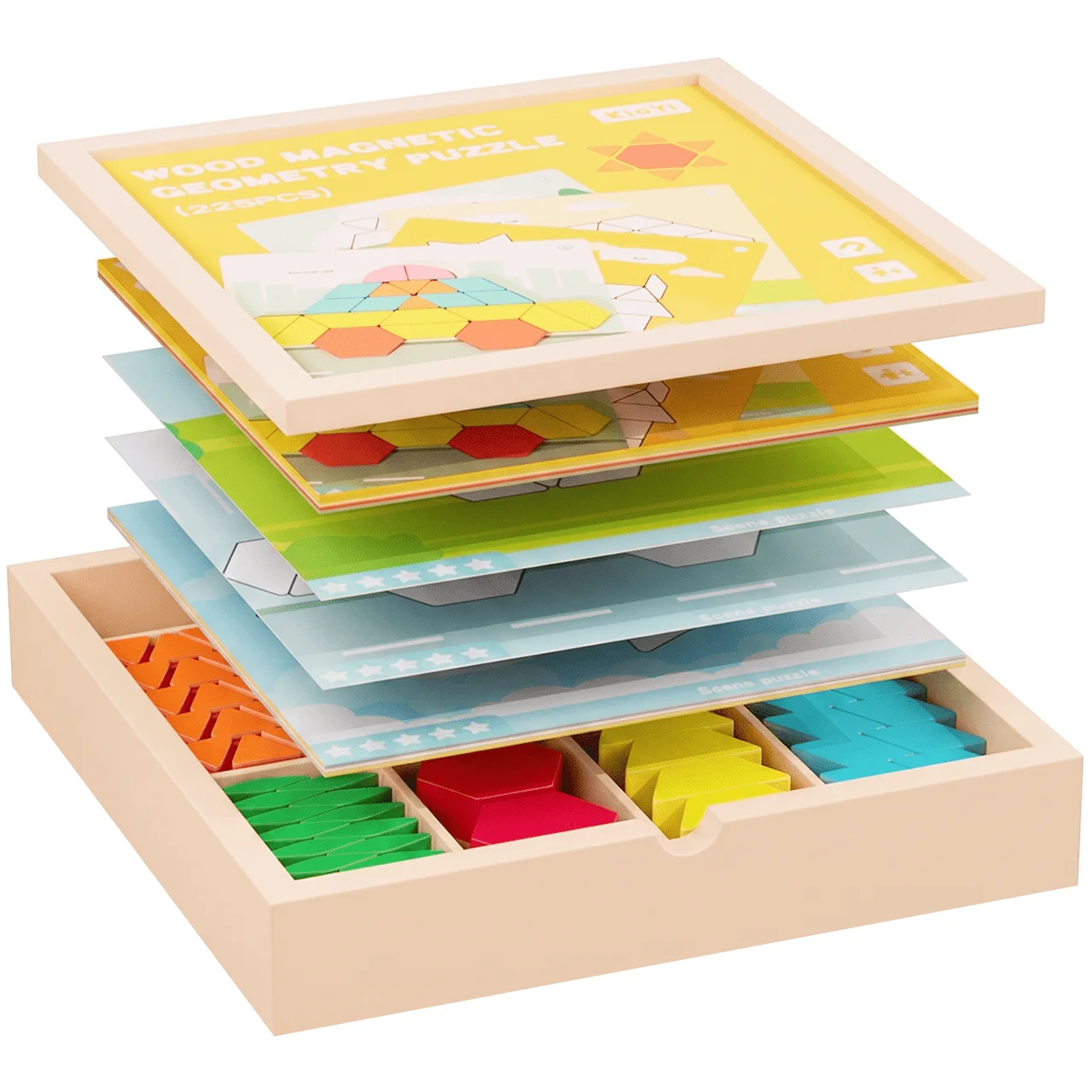 225‑Pieces Wooden Magnetic Puzzle & Building Block Set, STEM Sensory Educational Toy, Helps Develop Kids Fine Motor Skills & Spatial Imagination, Creative Construction Play Toy for Boys and Girls Ages 3,4,5,6,7,8 Years Old
