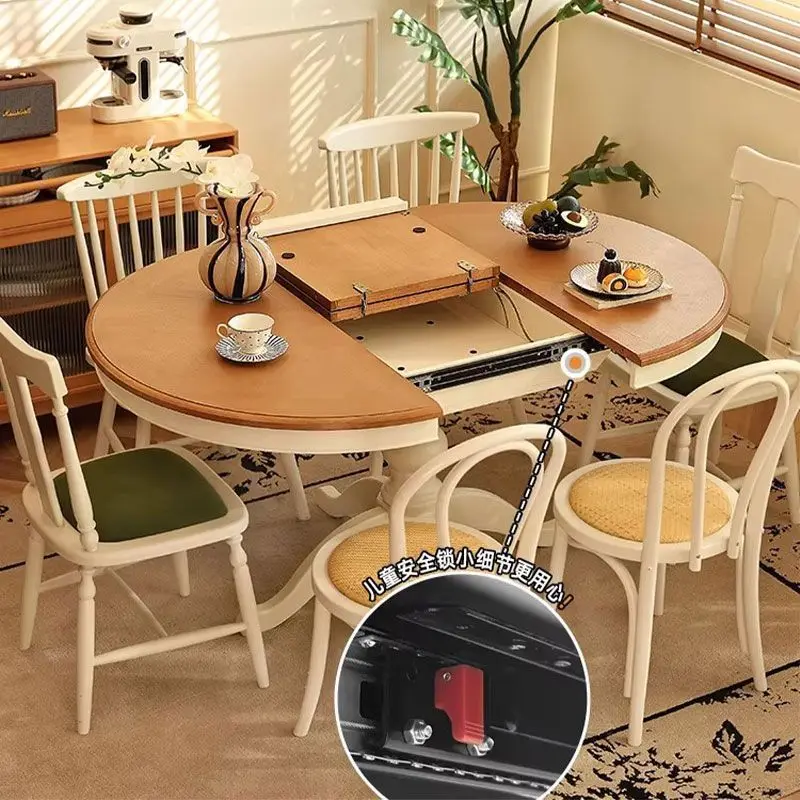 Cream-style folding dining table, Nordic solid wood, extendable, oval, small home dining table