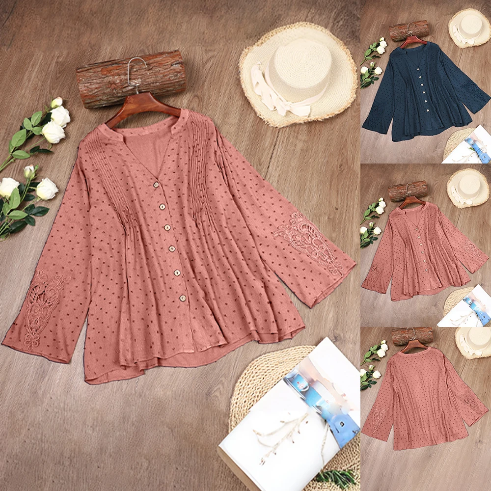 Pink Long-Sleeve & Deep Blue Short-Sleeve with Lace Trim V-neck spring/summer womens tops elegant brown daily tops