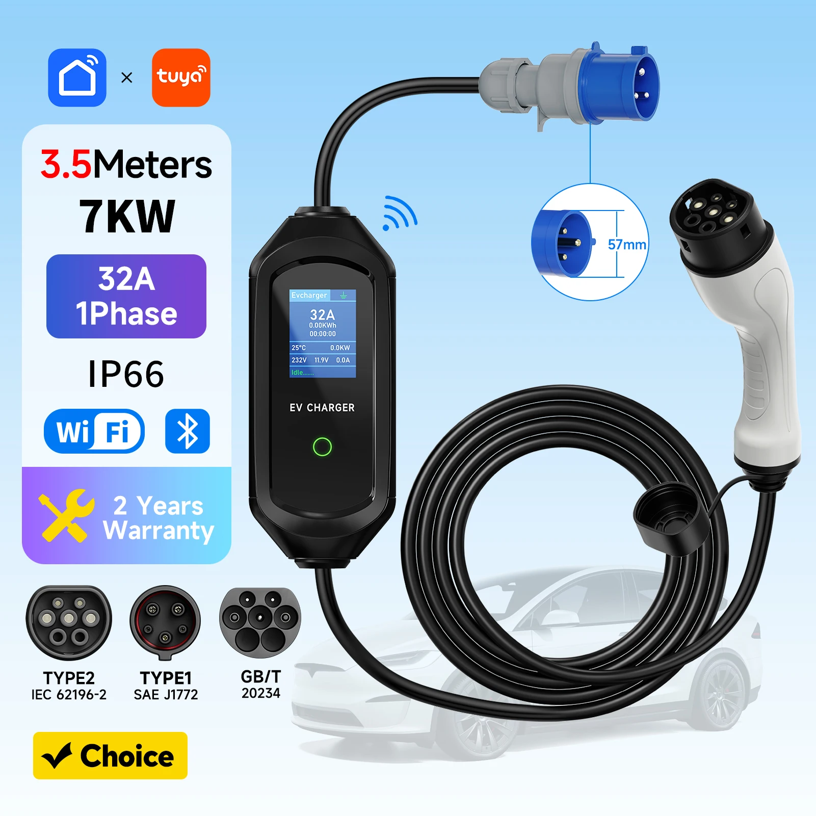 new 7KW Portable EV Charger Type2/Type1/GBT Electric Car Charger 32A 1Phase Wallbox Fast Charging Cable WiFi APP Bluetooth