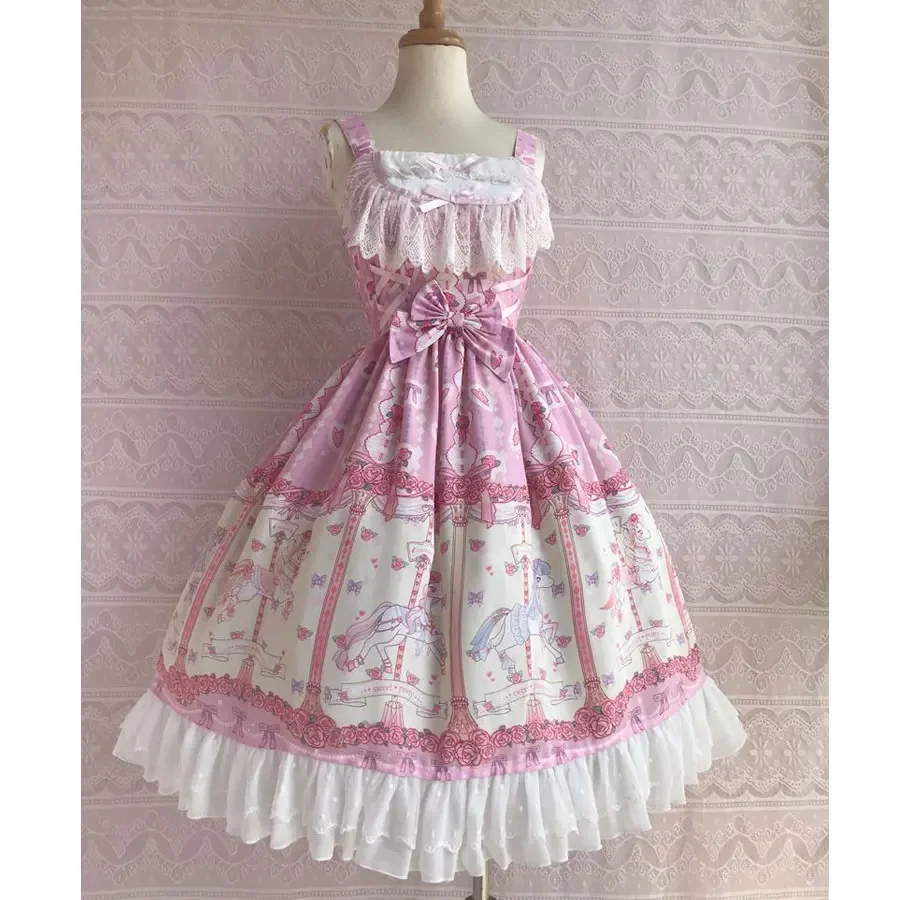 Rose & Karussell Gedruckt Süße Lolita Kleid Ärmel Midi Chiffon Kleid durch Yiliya ~ Pre-auftrag