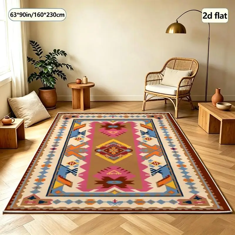 Bohemian Style Ethnic Tribal Geometric Pattern Border Carpet Non-Slip Carpet Soft Indoor Living Room Bedroom Home Floor Mat