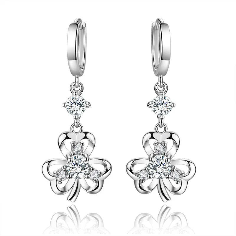 KOFSAC Botanical Clover Heart Crystal Earrings Girls Vintage Jewelry 925 Sterling Silver Earrings Women's Fashion Long Earring