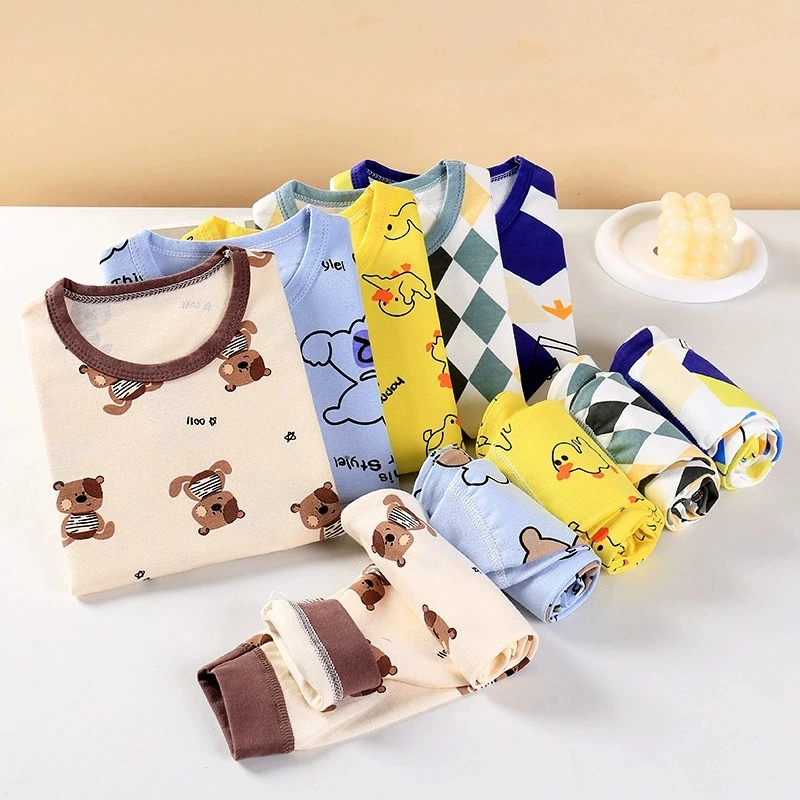 Kids Cotton Underwear Set 1-6 Years Spring Autumn Girls Cartoon Print Long-sleeved T-shirt & Pants 2-Piece Boys Casual Clothing