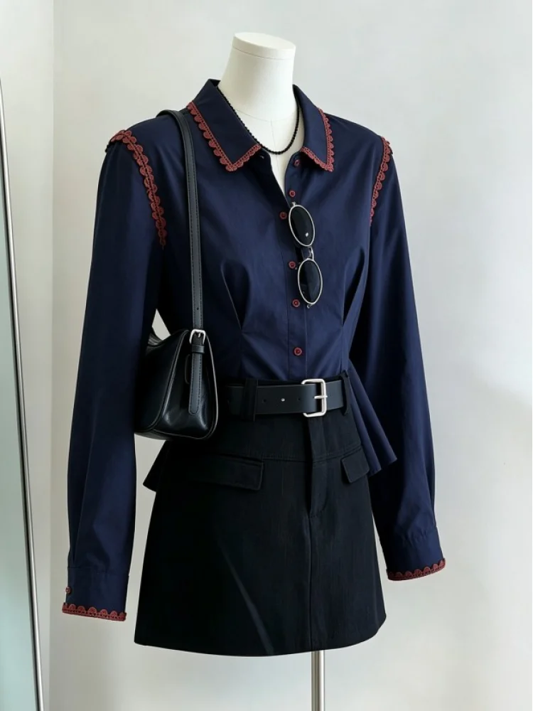 Elegant Style Slim Fit Shirt Top Waist-Cinching Long Sleeve Cotton Blouse in Royal Blue Spring Autumn New Arrival Short Style