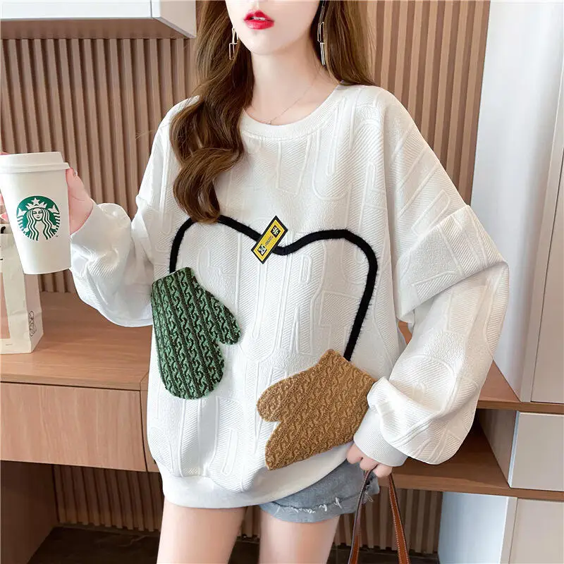 Hot 2026 New Women Spring Autumn Plus Size Fashion Western Style Hoodie Sweet Cute Round Neck Casual Loose Jacquard Tops T Shirt