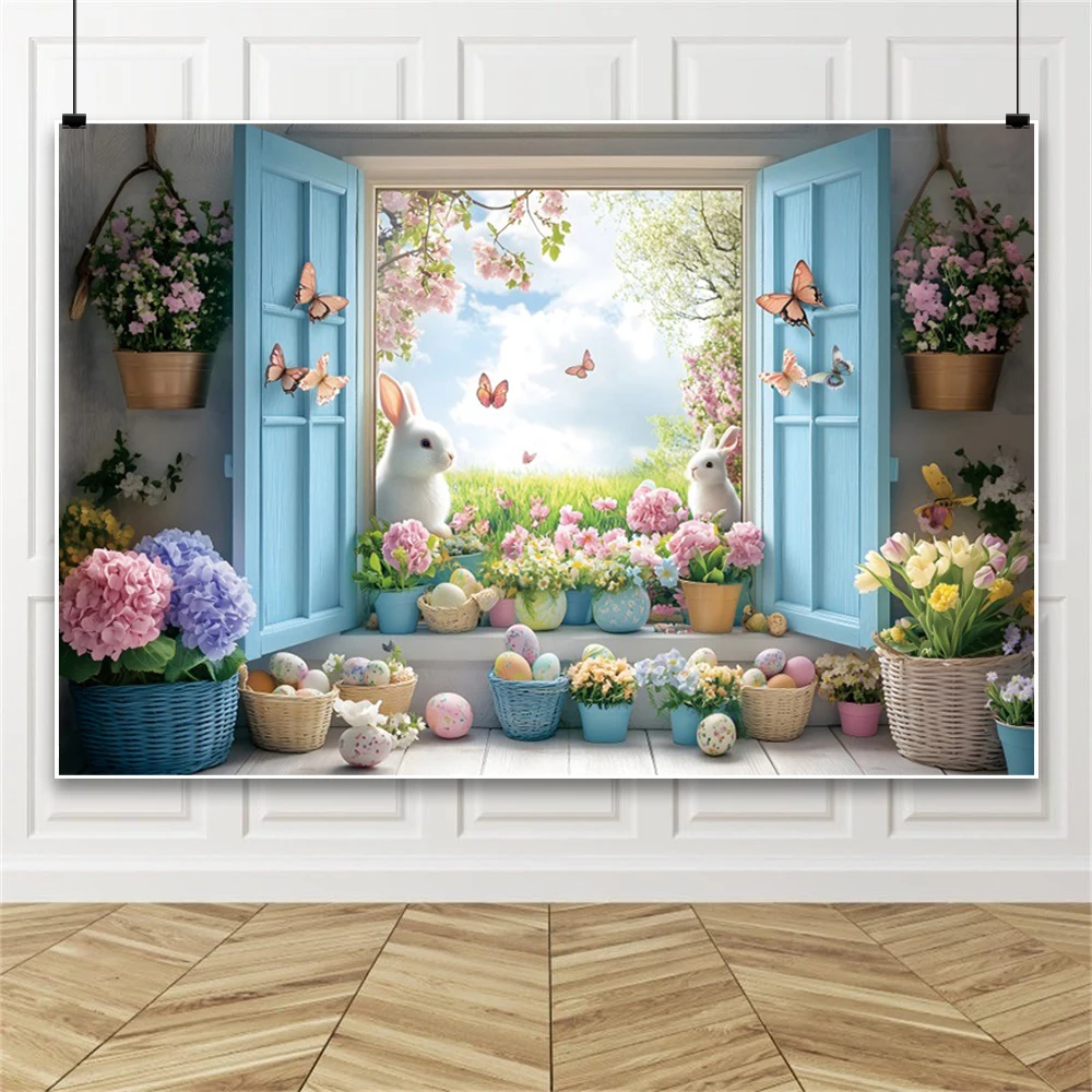خلفية عيد الفصح للتصوير الفوتوغرافي حديقة الربيع بيض أرنب عيد الفصح زهرة السماء الغيوم نافذة خلفية استوديو الصور