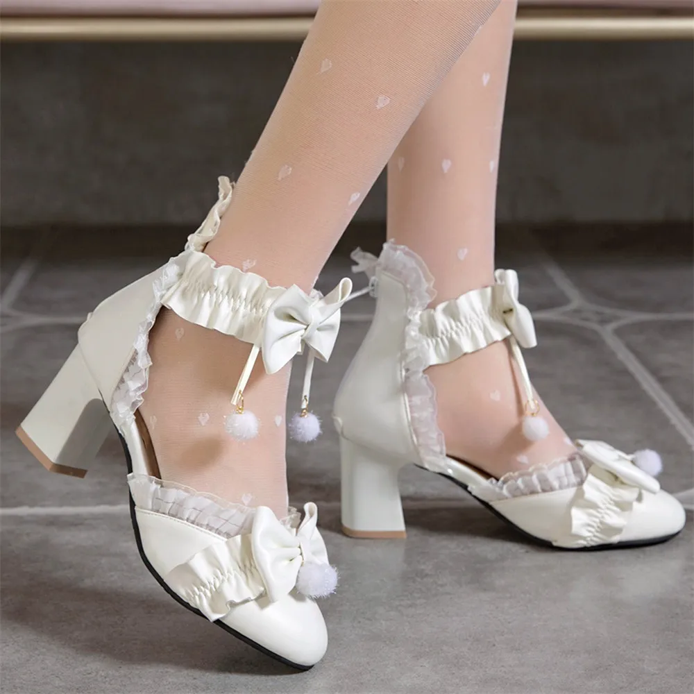 Spring Lace Ankle Strap Women High Heels Mary Jane Pumps Party Wedding Cosplay White Pink Hairball Bow Princess Lolita Shoes