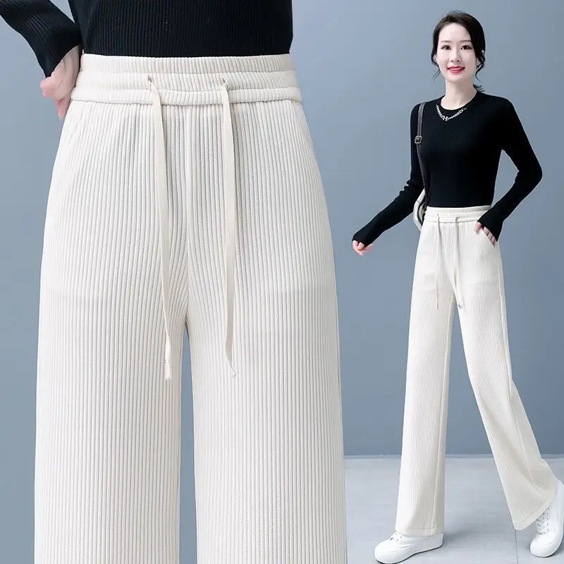 Korean Women Elastic High Waist Casual Solid All-match Loose Straight Trousers Autumn Winter Fashion New Corduroy Wide Leg Pants