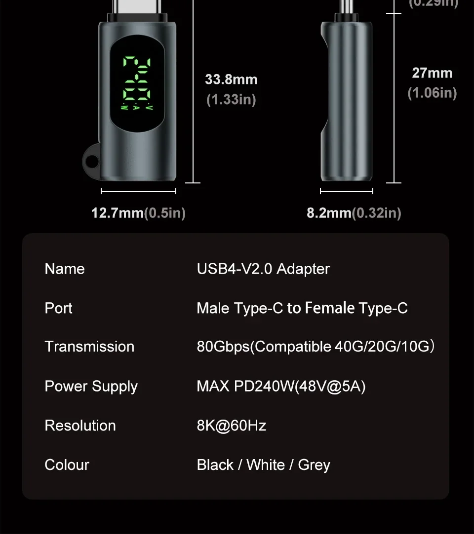 USB4 40Gbps Adapter mit Digitalanzeige, USB 4 V2.0 80Gbps Typ C zu Typ C OTG-Kabelanschluss 240W 8K für Thunderbolt 3/4/5 Laptops – Detail 16