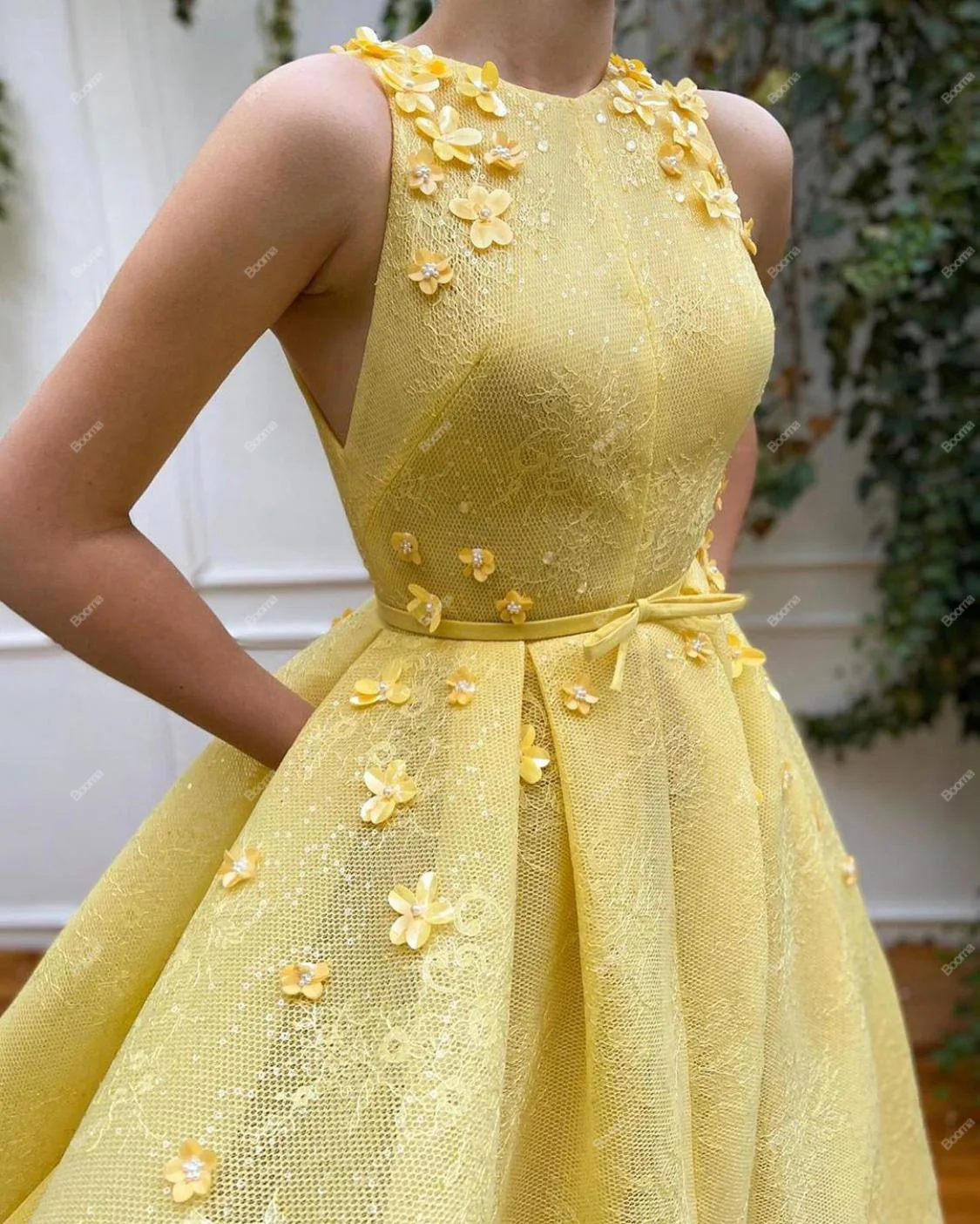 Booma Yellow Lace A-Line Prom Dresses Hatler 3D Flowers Formal Occasion Dresses Long Women\'s Evening Dresses for Party Events