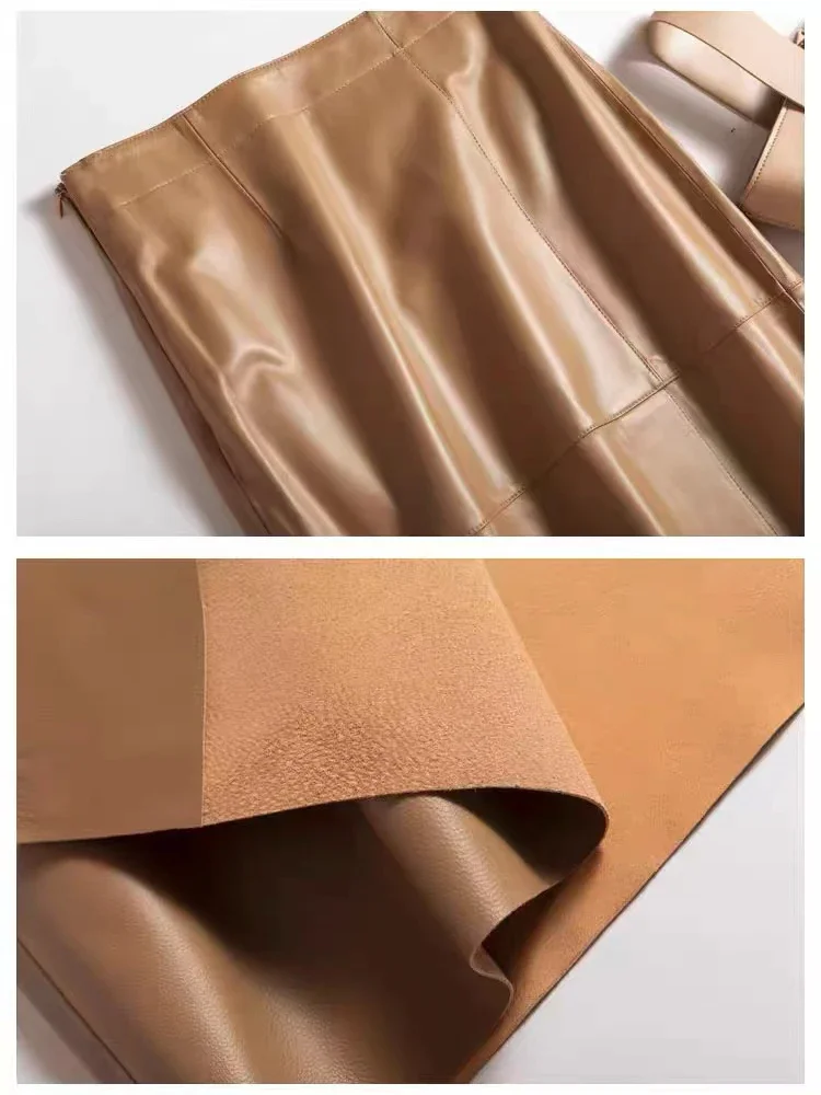 2025 ฤดูใบไม้ผลิใหม่ของแท้หนังกระโปรงผู้หญิงStreetwearเอวสูงSlit 85 ซม.ยาวJupeสีกากี/สีดําWrap Saia Longa